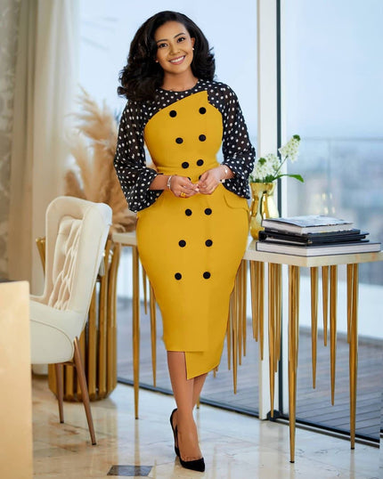 Yellow midi dress with black polka-dot sleeves and button-detail bodice