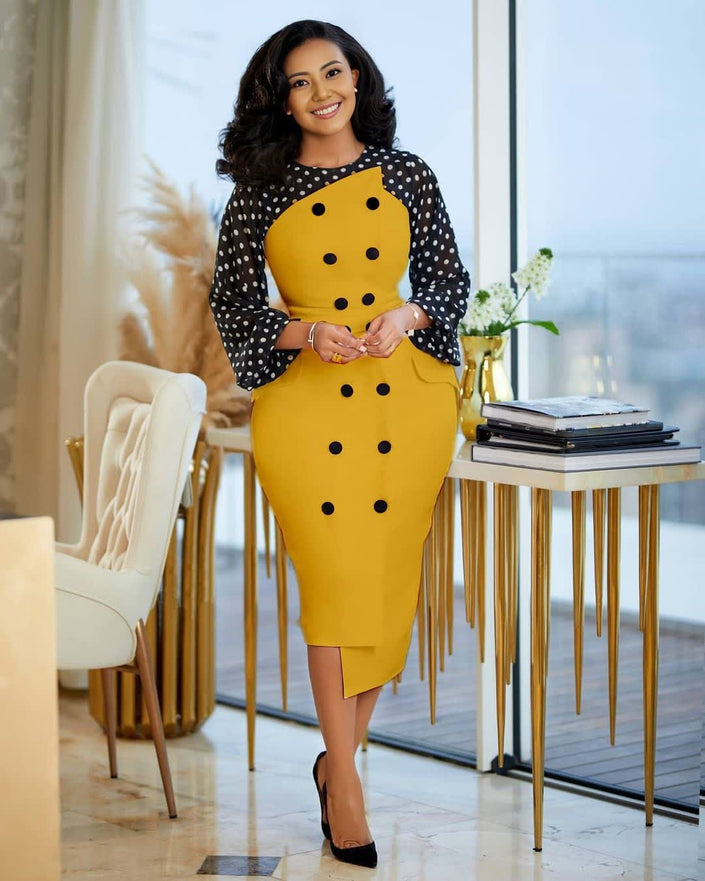 Fitted Buttoned Polka Dot Dress – Business & Events