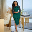 Dotted Long-Sleeve Knee-Length Dress with Fitted Silhouette and Button Accents