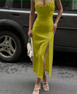Ruched Bodice Sleeveless Midi Dress with Thigh-High Slit