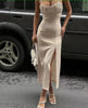 Ruched Bodice Sleeveless Midi Dress with Thigh-High Slit