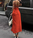 Ruched Bodice Sleeveless Midi Dress with Thigh-High Slit
