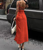 Ruched Bodice Sleeveless Midi Dress with Thigh-High Slit