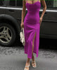 Ruched Bodice Sleeveless Midi Dress with Thigh-High Slit