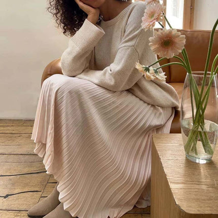 Midi Skirt High Waist Pleated Chic Casual