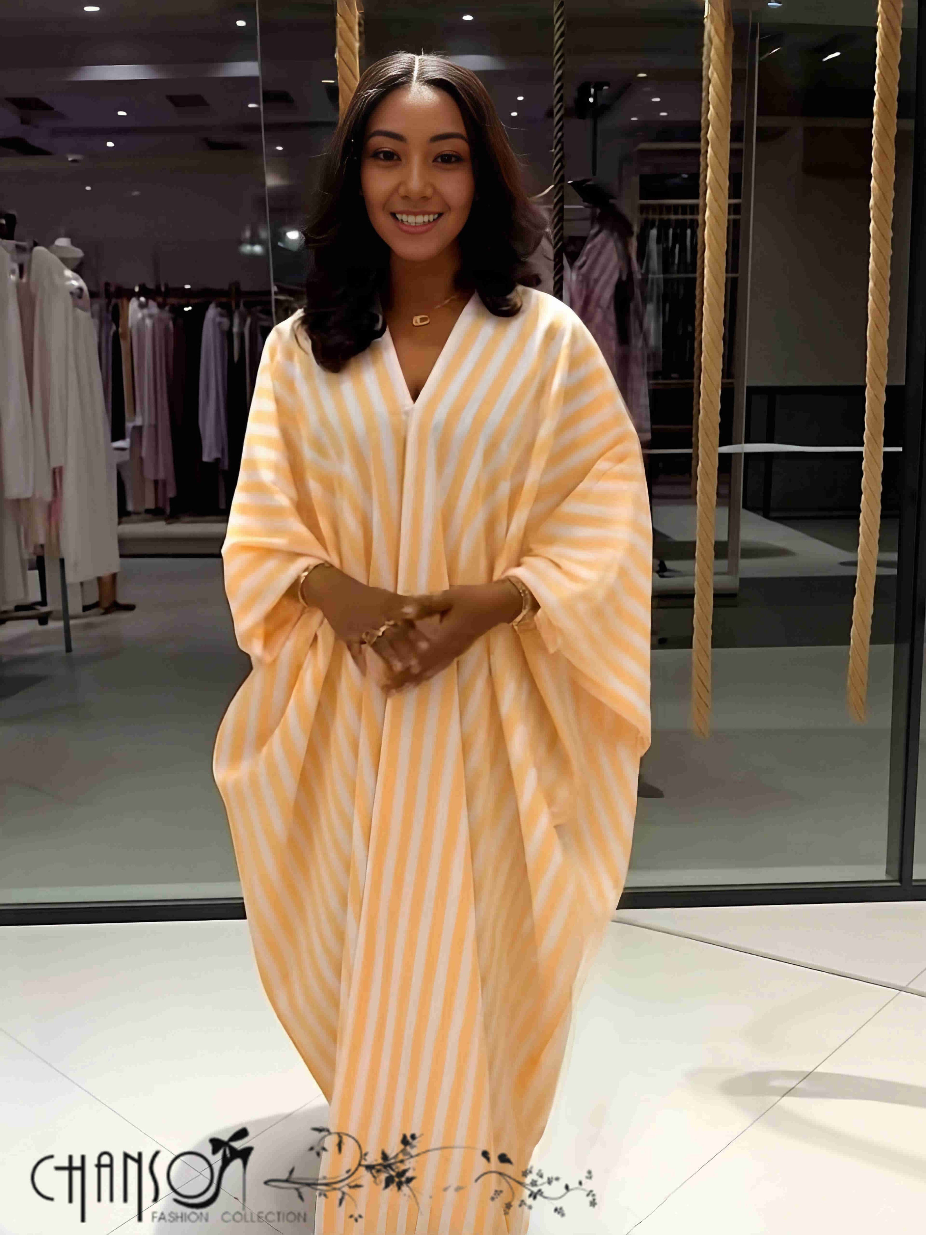 Maxi Kaftan Dress V Neck Batwing Wide Sleeve Loose Straight Fit Vertical Stripe For Vacation Casual Outing Gathering
