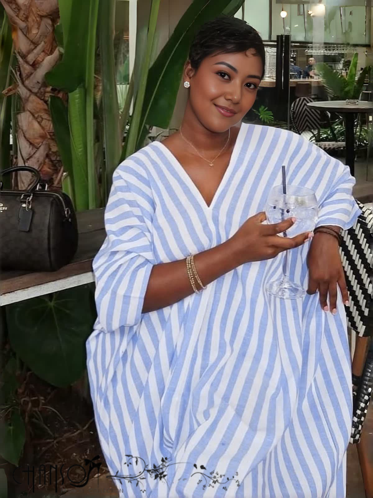 Maxi Kaftan Dress V Neck Batwing Wide Sleeve Loose Straight Fit Vertical Stripe For Vacation Casual Outing Gathering