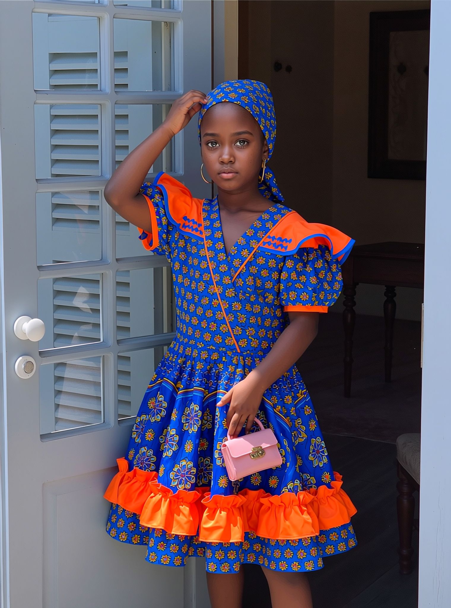 Kids’ blue floral traditional dress with orange ruffled sleeves and layered skirt hem