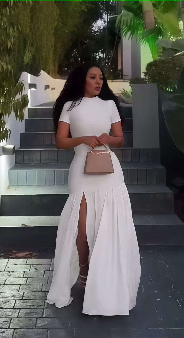 White maxi A-line dress with high slit and short sleeves