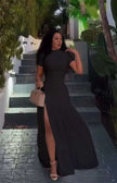 Black maxi A-line dress with high slit and short sleeves