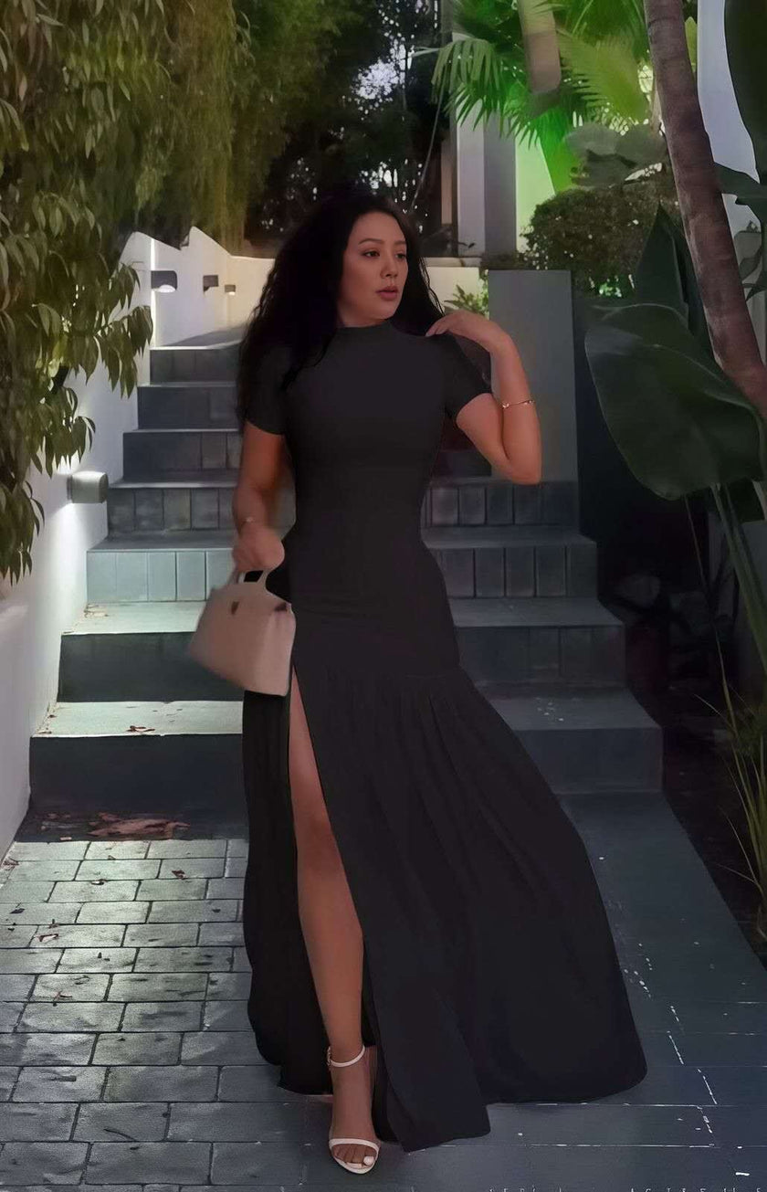 Black maxi A-line dress with high slit and short sleeves