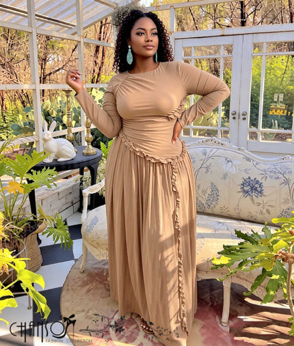 Camel long-sleeve maxi dress with ruched waist and gathered ruffle skirt