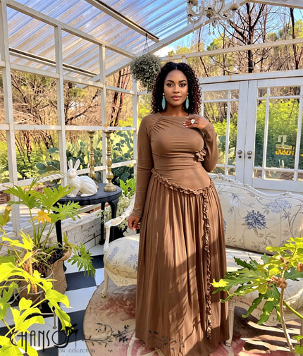 Camel long-sleeve maxi dress with ruched waist and ruffle hem detail