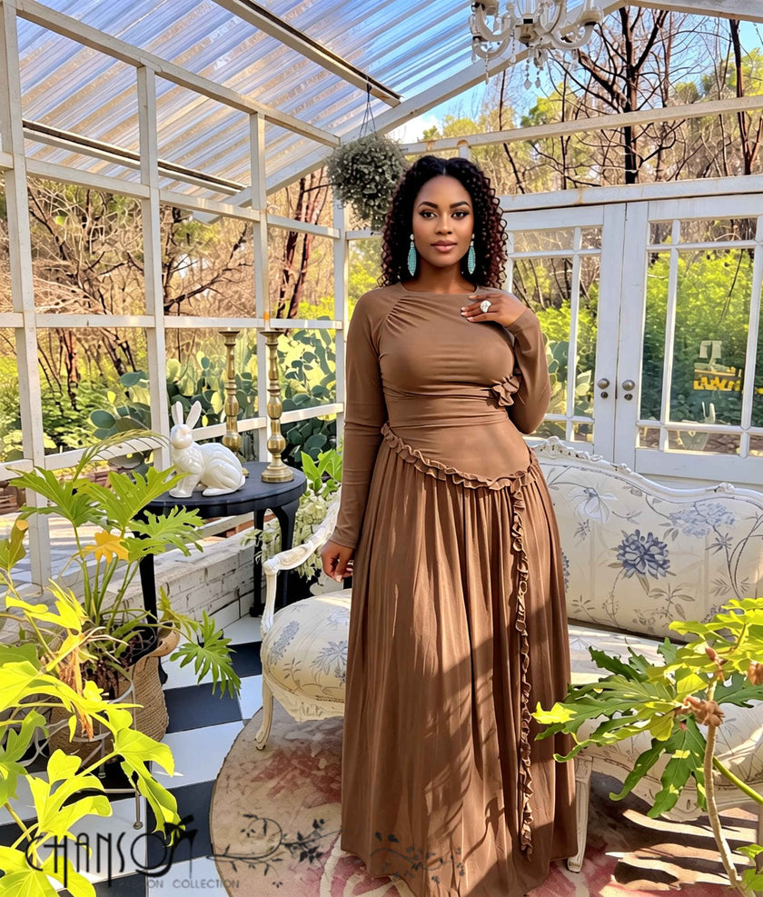 Maxi Dress Long Sleeve Ruched Ruffle Detail Wedding Guest Event Outfit
