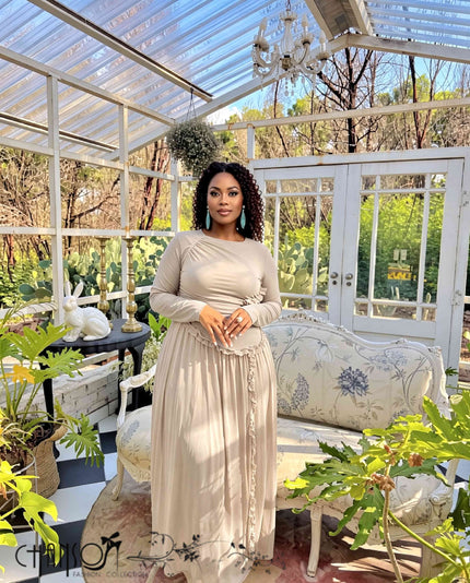 Maxi Dress Long Sleeve Ruched Ruffle Detail Wedding Guest Event Outfit