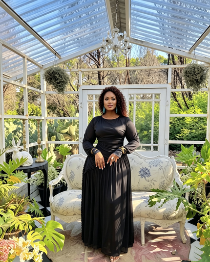 Maxi Dress Long Sleeve Ruched Ruffle Detail Wedding Guest Event Outfit