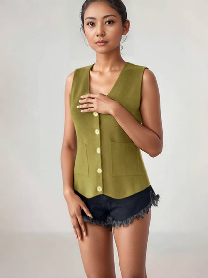 Sleeveless V-neck vest top, button-front detail, olive-drab with chest buttons