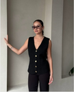Sleeveless V-neck Buttoned Vest with Functional Pocket Design