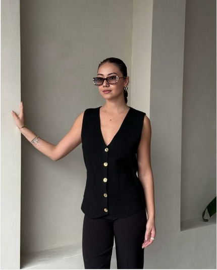 Sleeveless V-neck vest top, button-front detail, black sleeveless vest with gold buttons