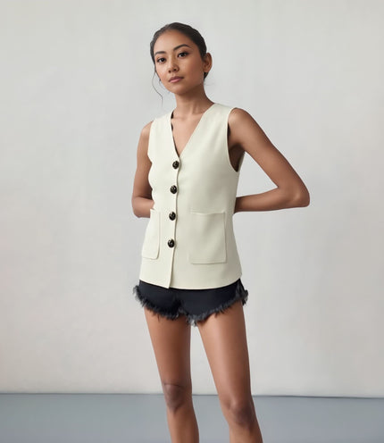 Sleeveless V-neck vest top, button-front detail, off-white with chest pockets