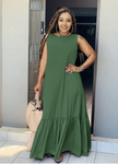 Olive sleeveless maxi dress with ruffle hem and gathered skirt.