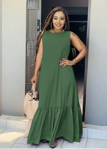 Olive sleeveless maxi dress with ruffle hem and gathered skirt.