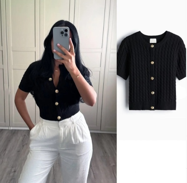 Black short-sleeve knit cardigan top with button front and ribbed texture
