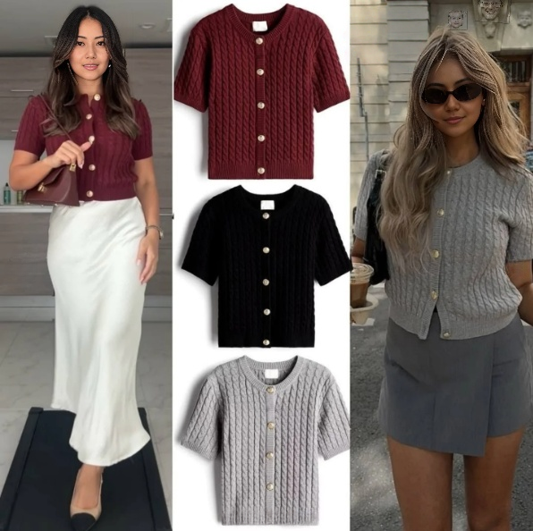 Maroon short-sleeve knit cardigan top with button front and V-neck