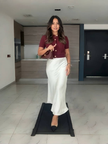 Maroon short-sleeve knit cardigan top with button front and V-neck