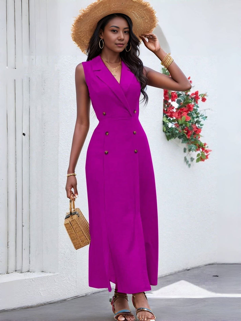 Magenta sleeveless double-breasted midi dress with V-neck and gold buttons