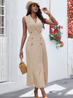 Women's Sleeveless V-Neck Double-Breasted Midi Dress with Front Buttons
