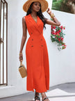 Orange-red sleeveless double-breasted midi dress with V-neck and gold buttons