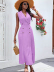 Light-purple sleeveless double-breasted midi dress, V-neck, gold button detail