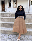 Pleated midi skirt, tan with adjustable stretch waist belt, flared hem