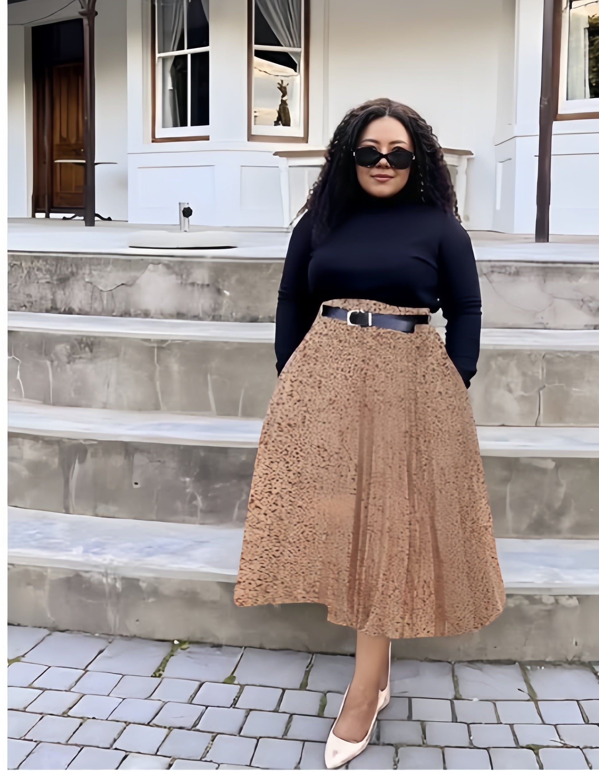 Pleated midi skirt, tan with adjustable stretch waist belt, flared hem