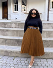 Pleated midi skirt, brown with adjustable stretch waist belt, flared hem