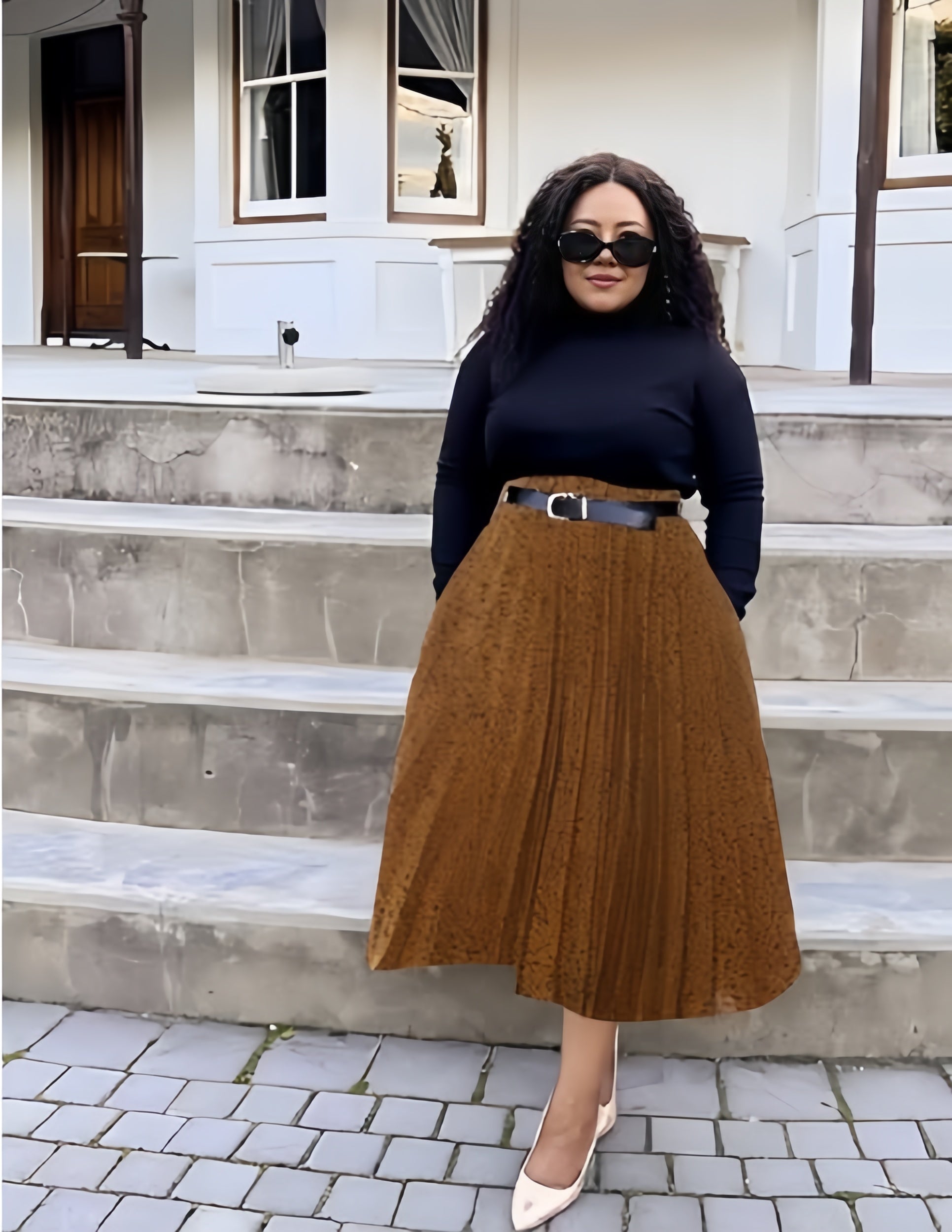 Pleated midi skirt, brown with adjustable stretch waist belt, flared hem