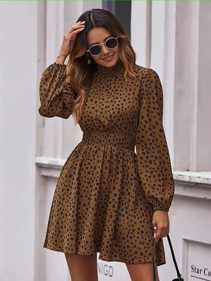 Dotted Long-Sleeve Knee-Length Dress with Fitted Silhouette and Button Accents