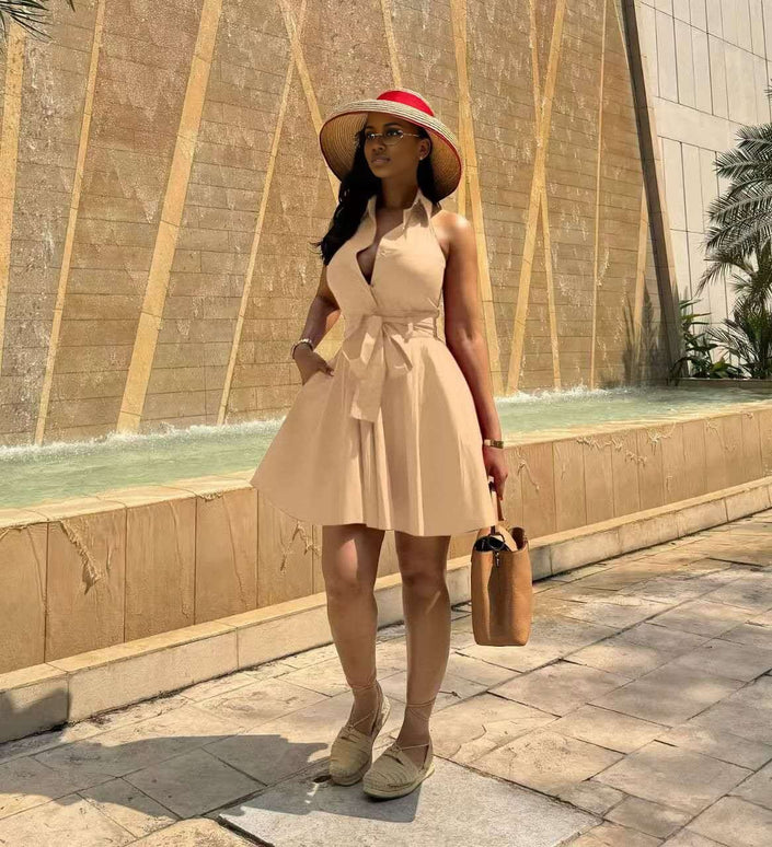 Women's Sleeveless High-Waist A-Line Dress with Minimalist Waist Tie