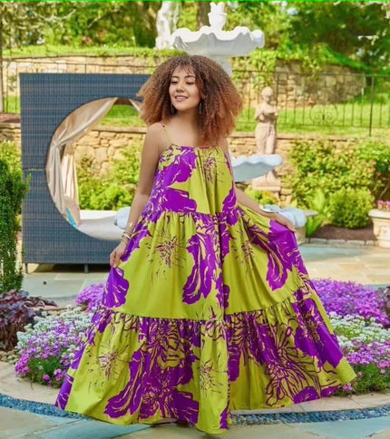 Floral maxi dress with spaghetti straps, purple and green tiered skirt