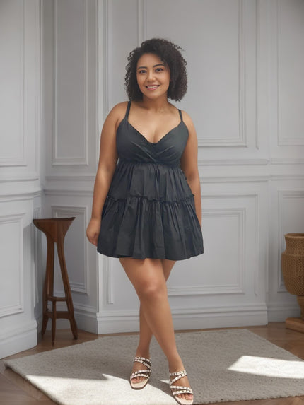 Black ruffle V-neck mini dress with adjustable spaghetti straps