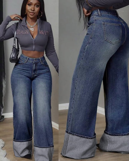 HighWaist WideLeg Jeans: blue denim with cuffed hem