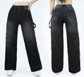 High-waist wide-leg jeans with strap detail, dark denim, cuffed hem