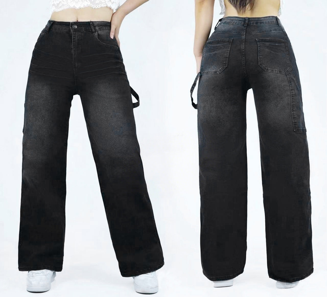 High-waist wide-leg jeans with strap detail, dark denim, cuffed hem