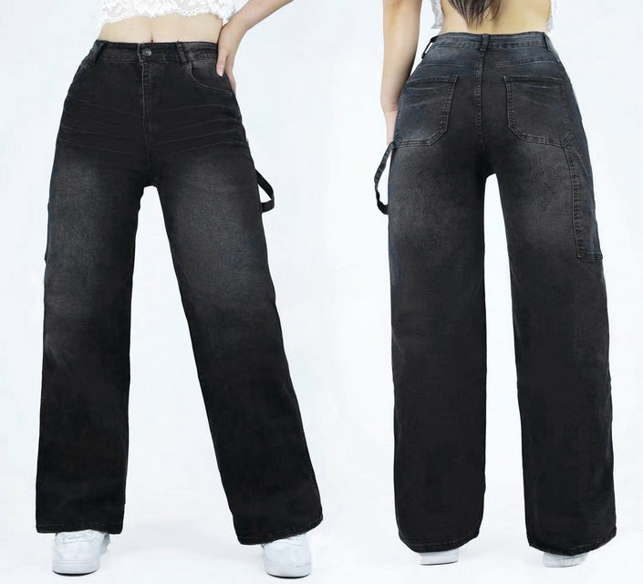 High-waist wide-leg jeans with strap detail, dark wash