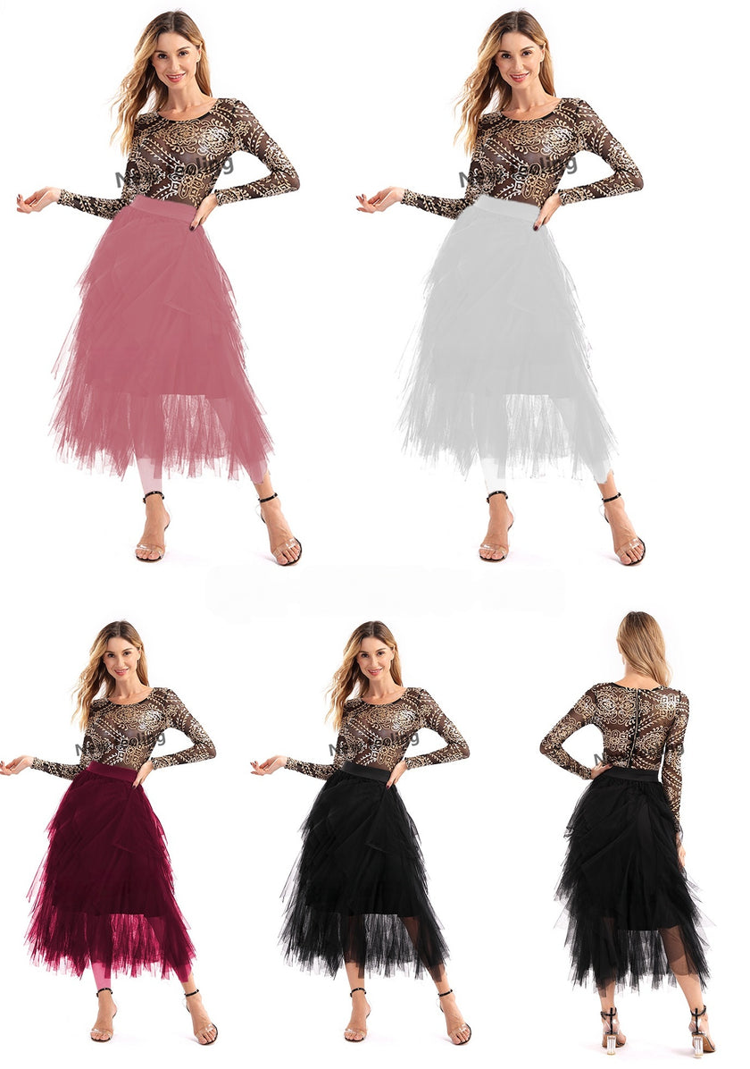 Layered tulle midi skirt, high waist, front and back views (pink, white, maroon, black)
