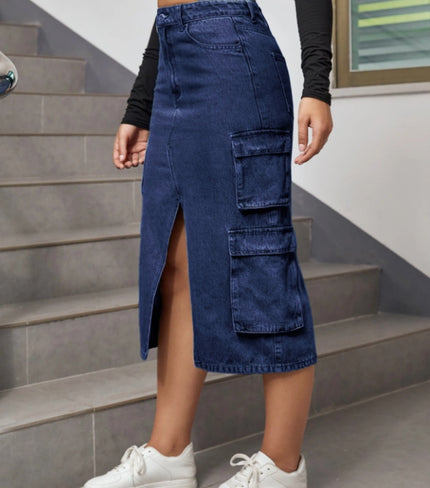 High-waist denim midi skirt with front split and cargo pockets, dark blue