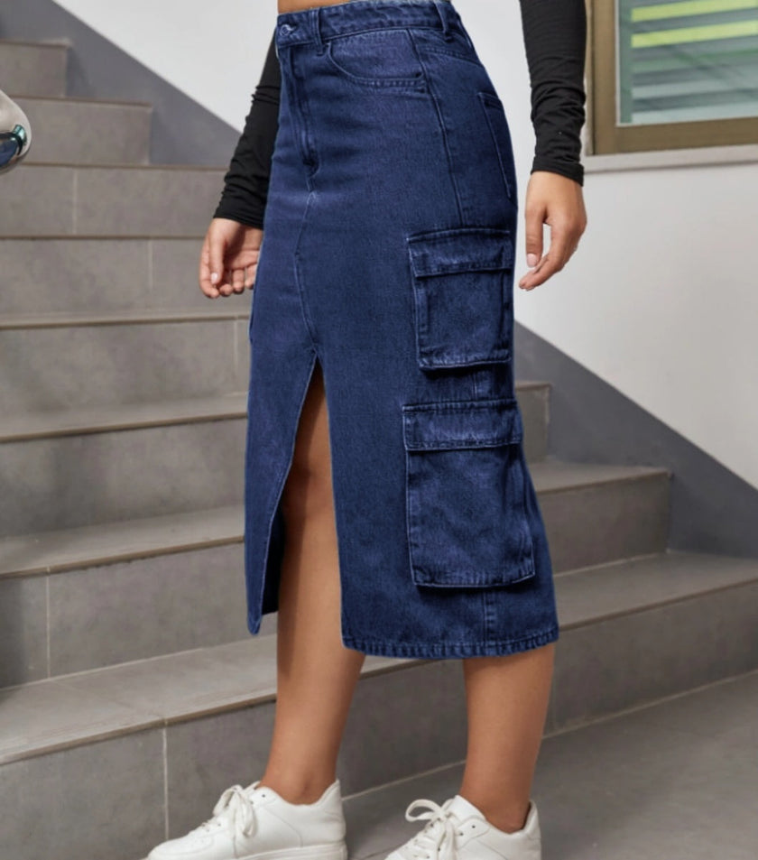 High-waist denim midi skirt with front split and cargo pockets, dark blue