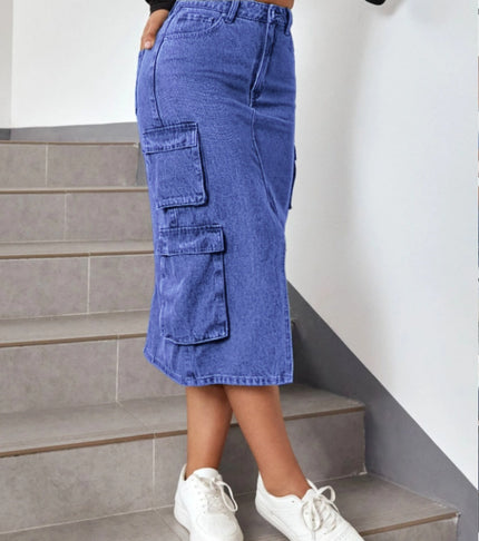 High-waist denim midi skirt with front split and cargo pockets, medium blue