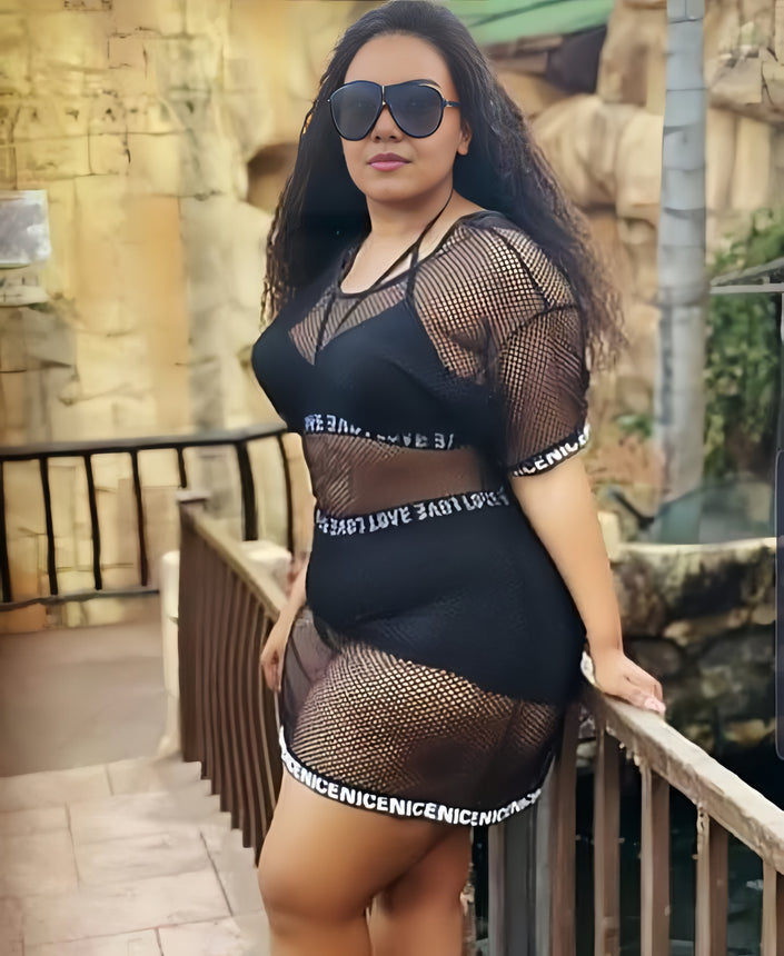 Black mesh bikini set with short skirt coverup, stretch waist